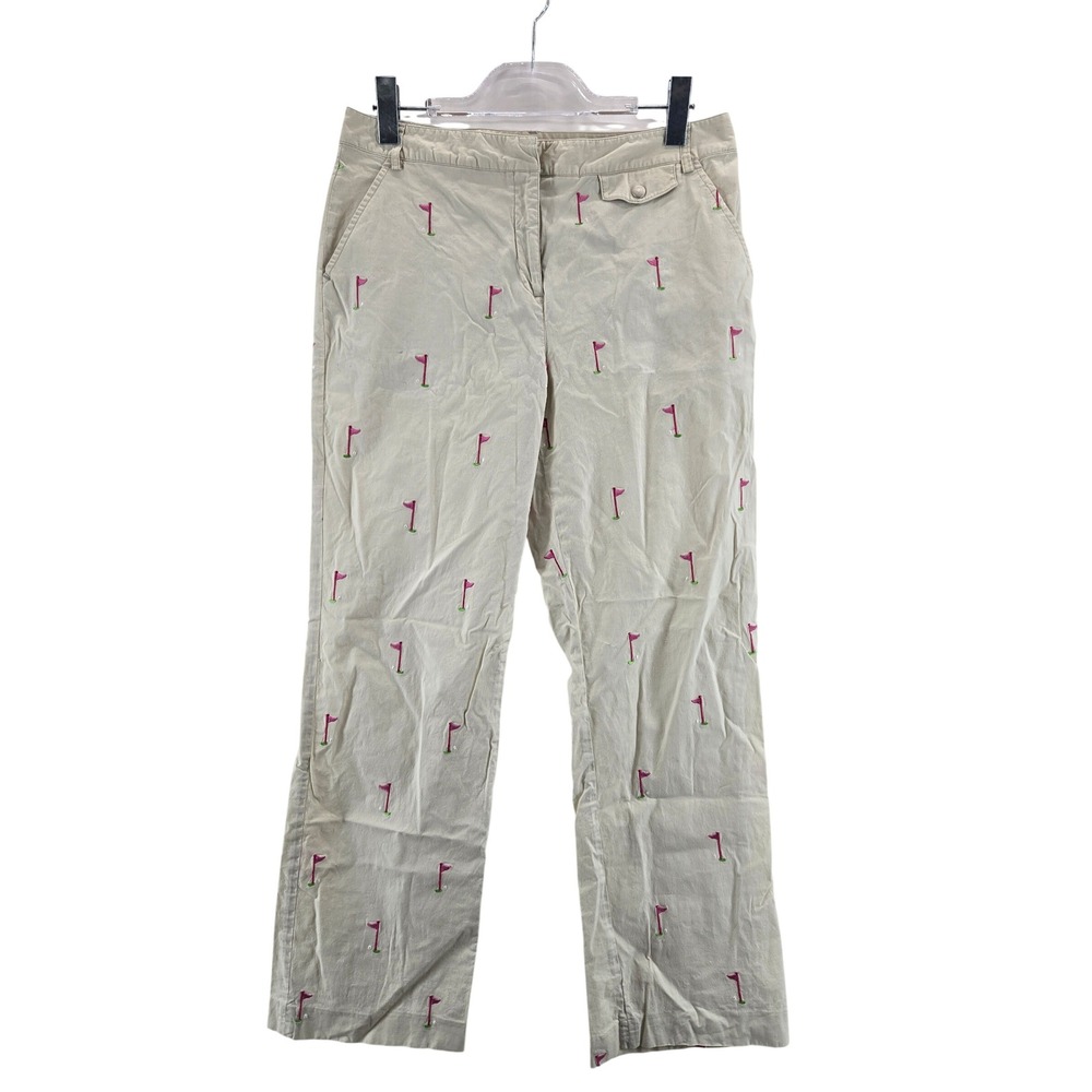 Lilly Pulitzer Khaki Golf Flag Embroidered Chino Pants‎ Womens 10 Pink Flags